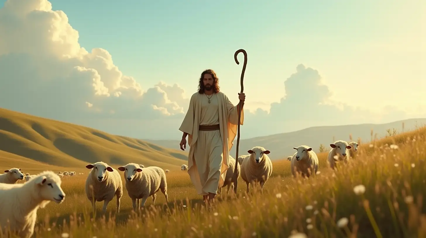 Biblical Shepherd Walking with Sheep in Rolling Hills