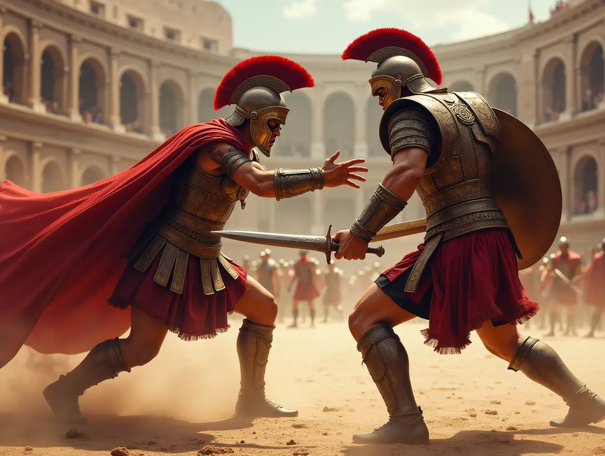 Creating a digital painting of a powerful, robust Roman fighter in the Colosseum (Amphitheatrum Flavium) fighting with a sword in hand against another Roman fighter with a dusty ground and elaborate armor paintwork and photorealistic love for details of parts and lighting.