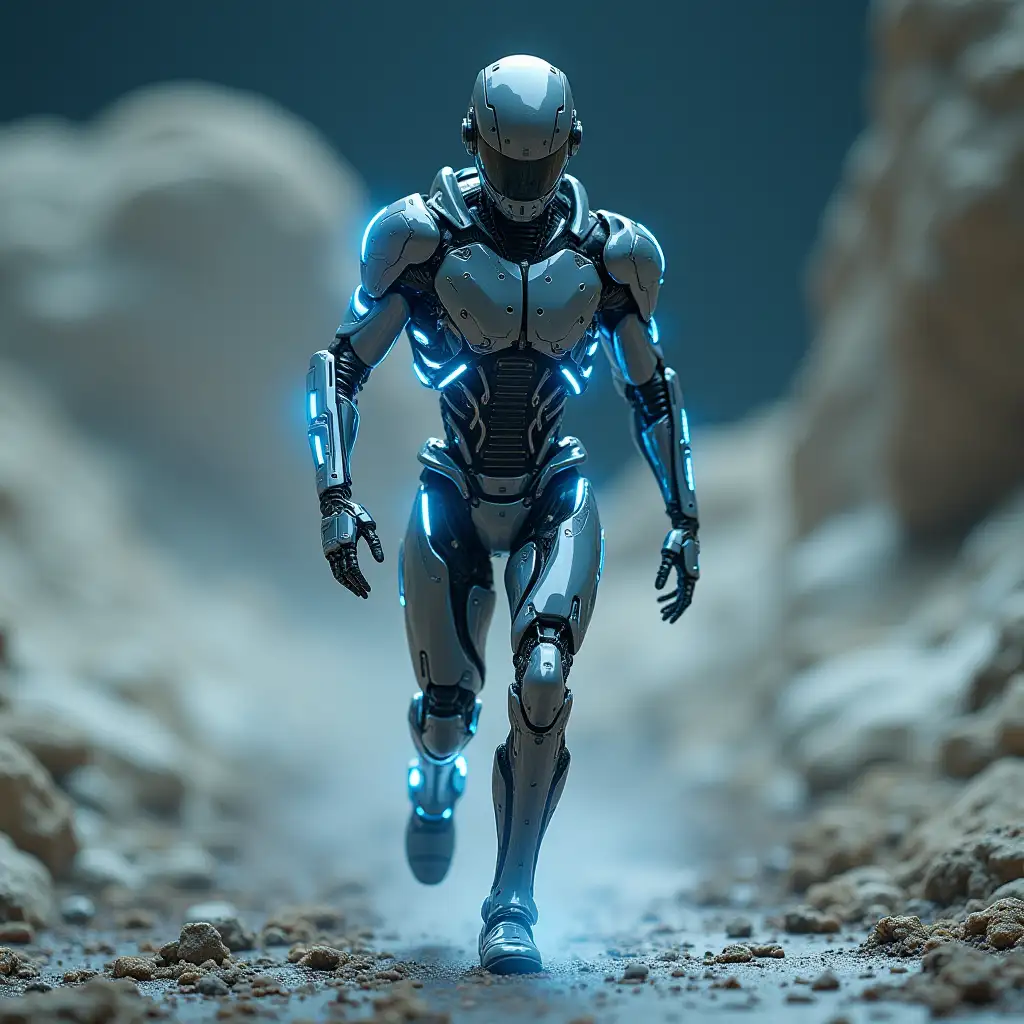 A cyborg in glossy shiny exosceleton with light effects on a dash run from right to left, whole body fully visible,  in an extraplanetary environment