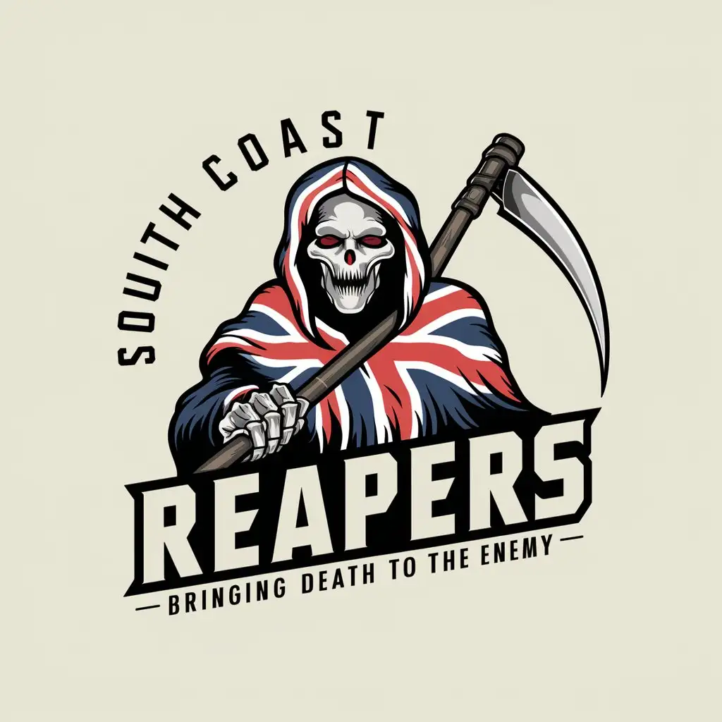 LOGO Design for South Coast Reapers Reaper with Union Jack Flag and Bold Text Theme