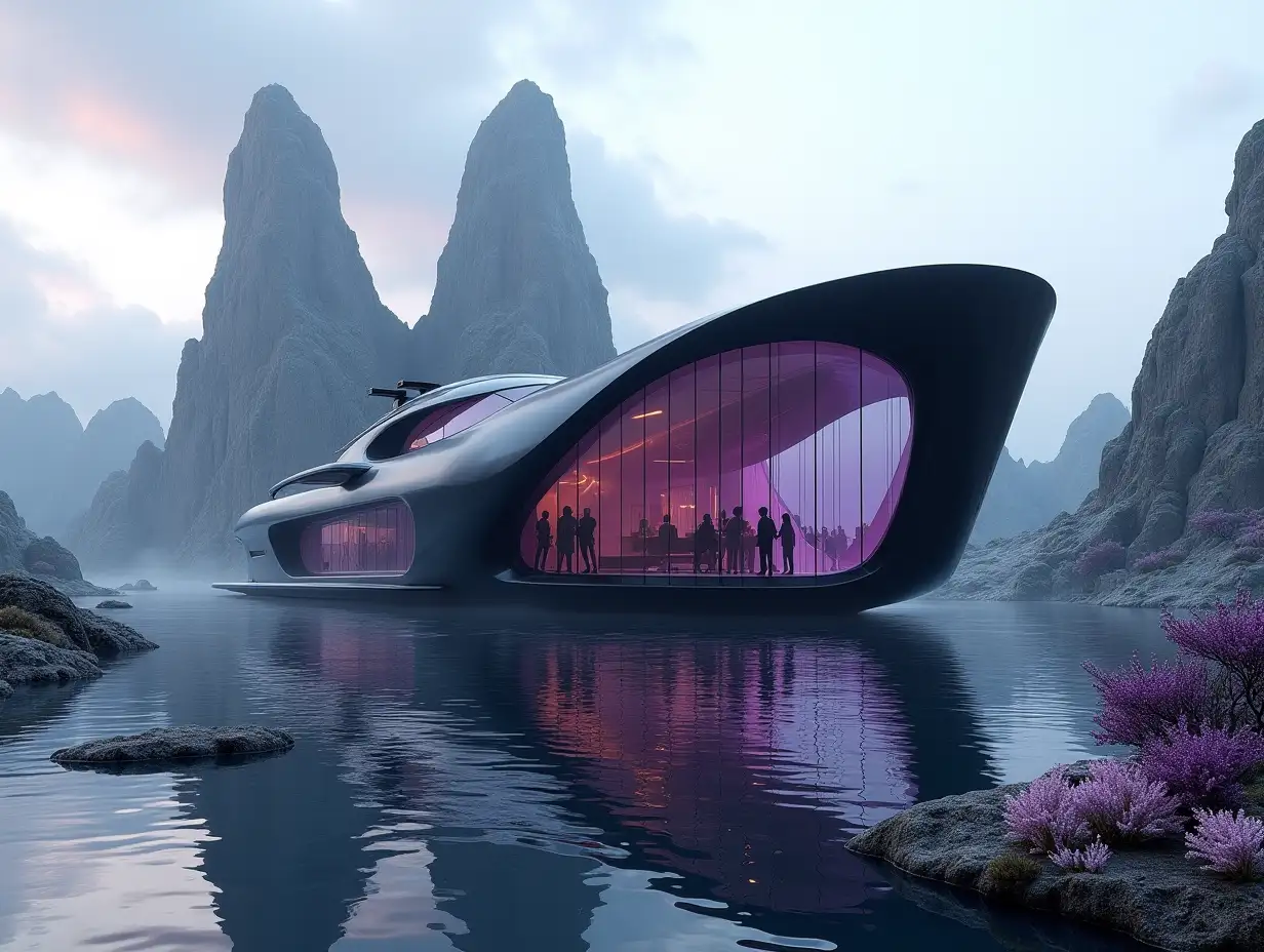 Create a high-resolution realistic image in 4k resolution a futuristic black Building with curved pillars, mountains large trees, rock flowers a futuristic big purple and glass yacht with glass window cloudy sky