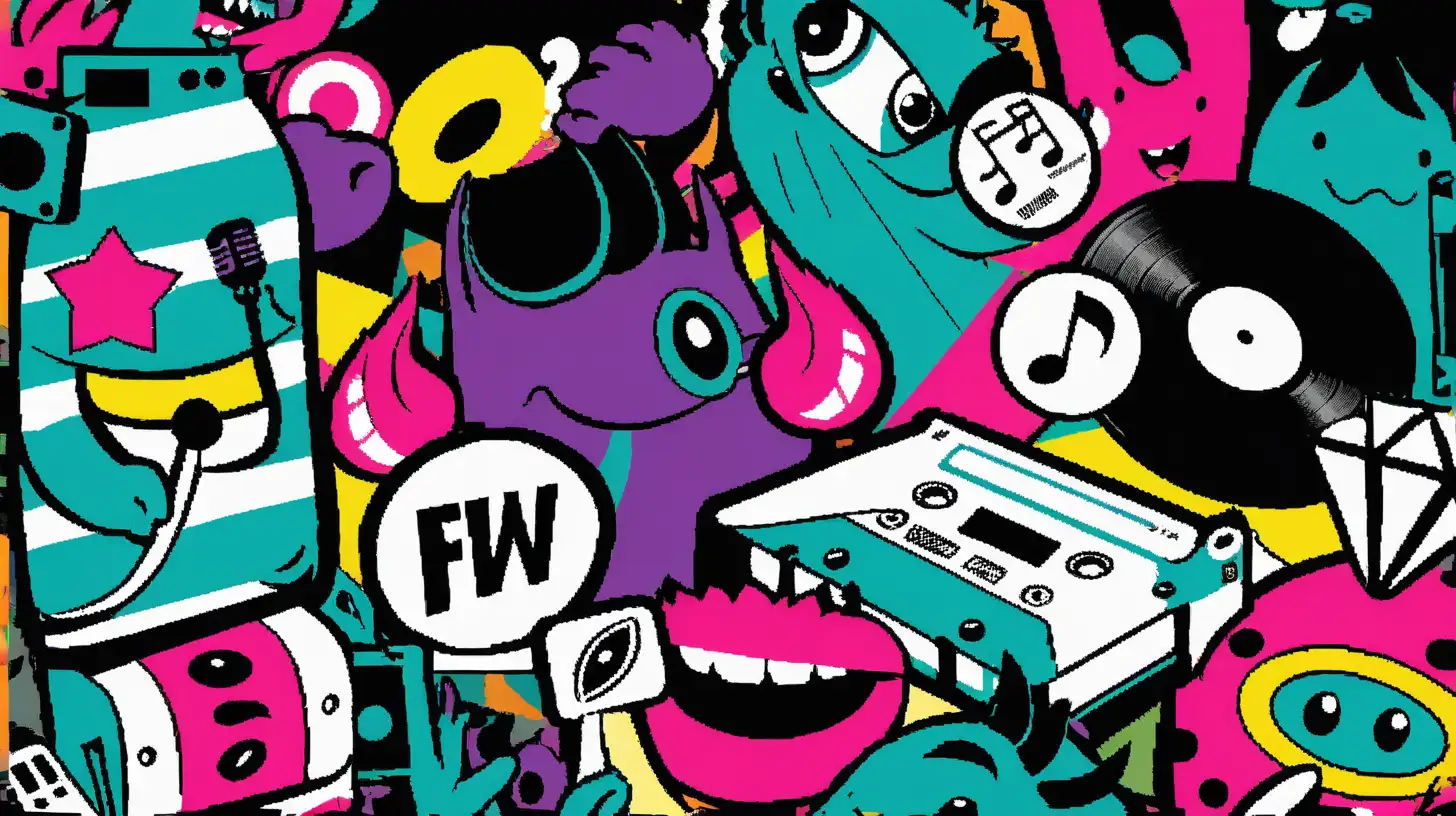 Vibrant, cartoonish, and colorful graphic design.  A multitude of stylized monsters and objects.  Character designs feature exaggerated features and expressions, conveying a playful and energetic mood.  Bold, primary colors and complementary shades dominate, giving a pop art aesthetic. Characters include various poses, some playing music instruments, or holding microphones. Music related items such as record players, cassette tapes, and musical notes are incorporated.  Composition is a dense, overlapping collage-style, filling the frame with characters. Perspective is flat, with emphasis on graphic design elements rather than three-dimensional depth.  The background provides a vibrant canvas for the various subjects.  Texture is flat and outlined, with bold lines creating a simple cartoon-like feel.  The overall style is reminiscent of 90s and early 2000s cartoon aesthetics, reminiscent of graphic novel illustrations.  The chaotic arrangement suggests a lively musical environment.  The mood is joyful, energetic, and fun.  The colors are bright, and there is a strong emphasis on contrast.