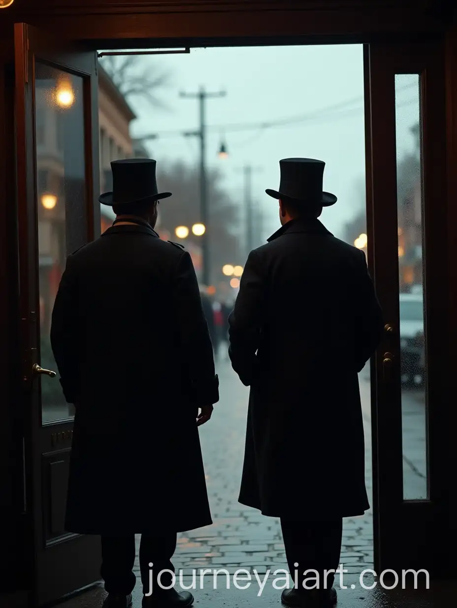 Two-Men-in-Black-Top-Hats-at-Tavern-Entrance-on-Cloudy-Evening