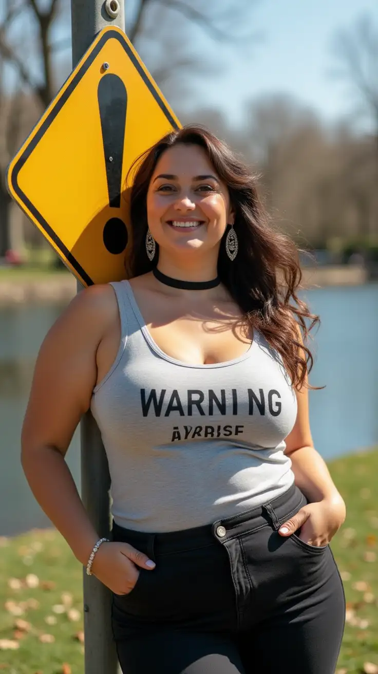 Confident-Curvy-Woman-Laughing-at-Warning-Sign-in-City-Park-on-a-Sunny-Spring-Day