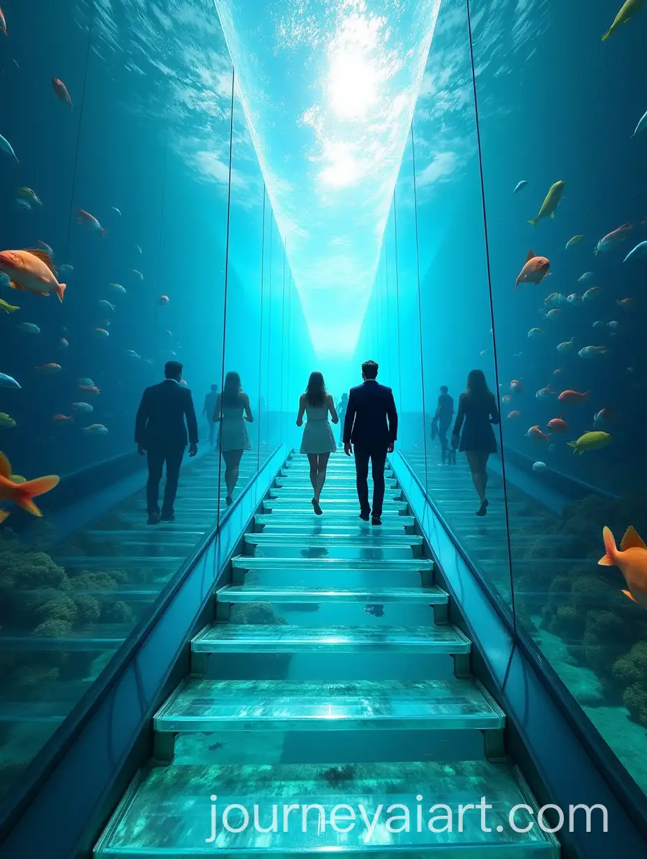 Modern-Restaurant-with-Glass-Stairs-and-Underwater-View-of-Marine-Life