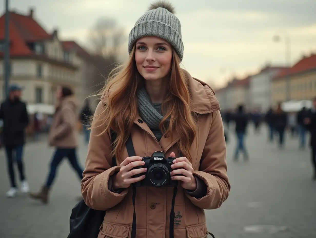 Young women in Croatia, in Zagreb, take picture with Nikon camera