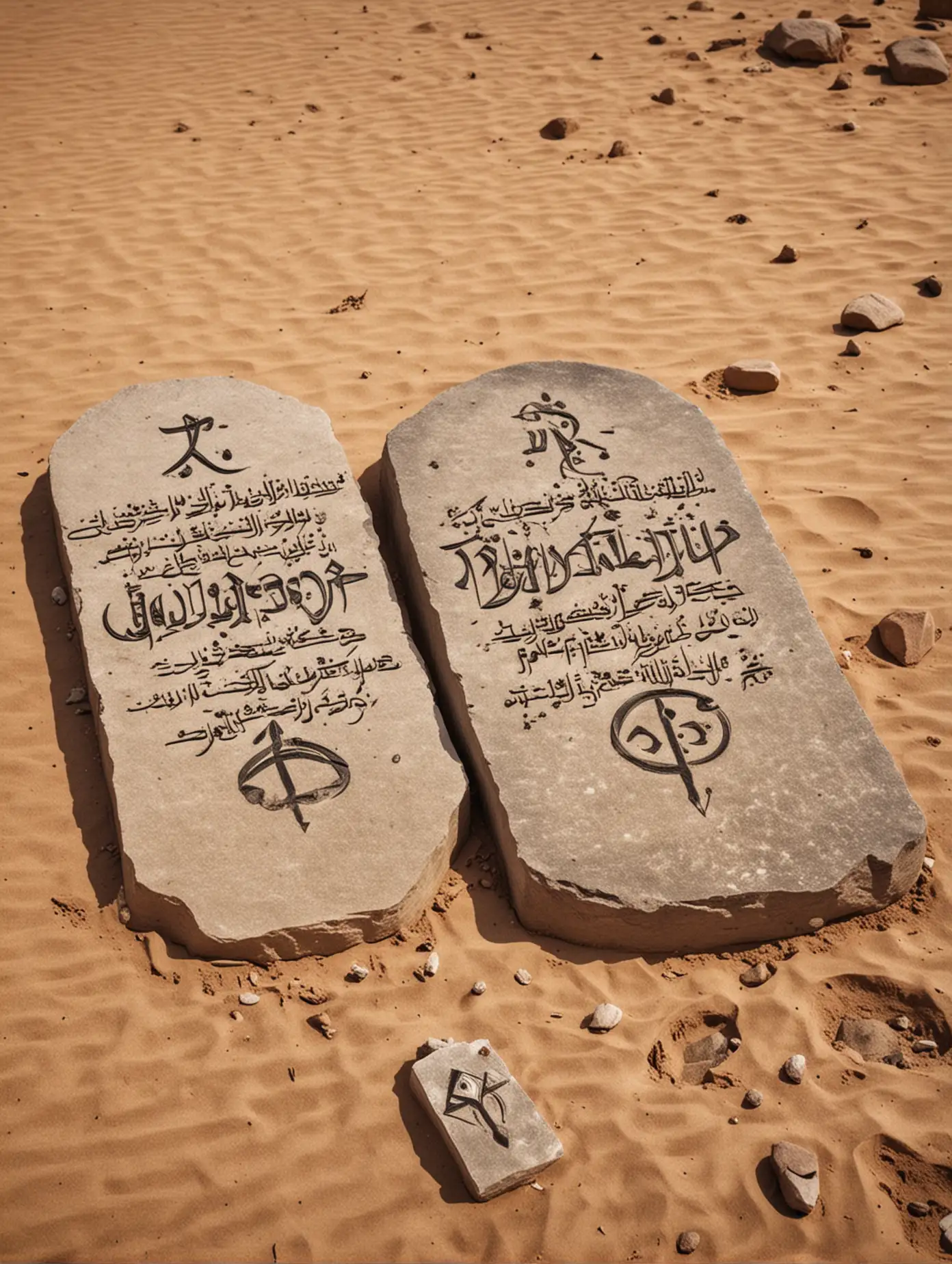 tombstones in the desert, words on them written in Arabic script and alchemical symbol mercury