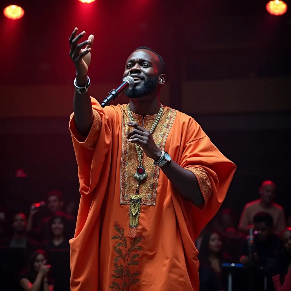 black handsome Nigerian man dressed in traditional nigerian colours of clothing singing in a music show to a great crowd