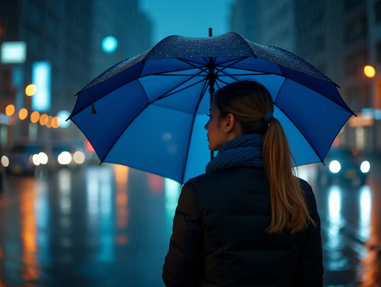 Young-Woman-with-Blue-Umbrella-on-Rainy-Night-in-Busy-City