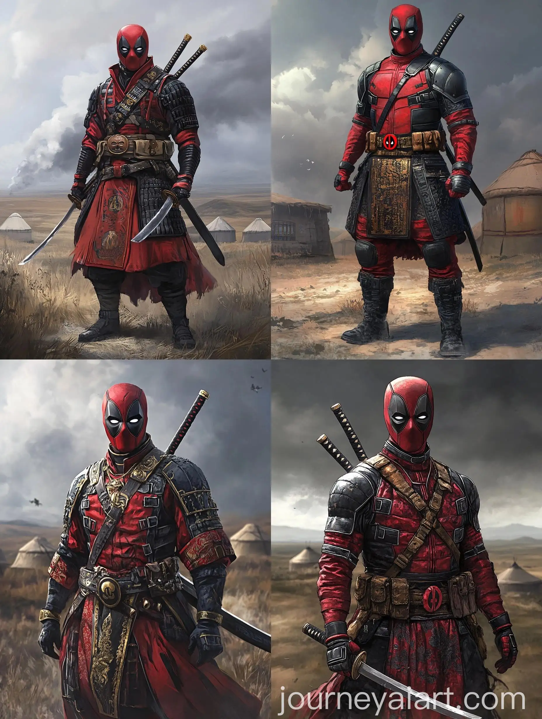 Mongolian-Warrior-Inspired-Character-in-Deadpool-Style-Suit-and-Traditional-Deel