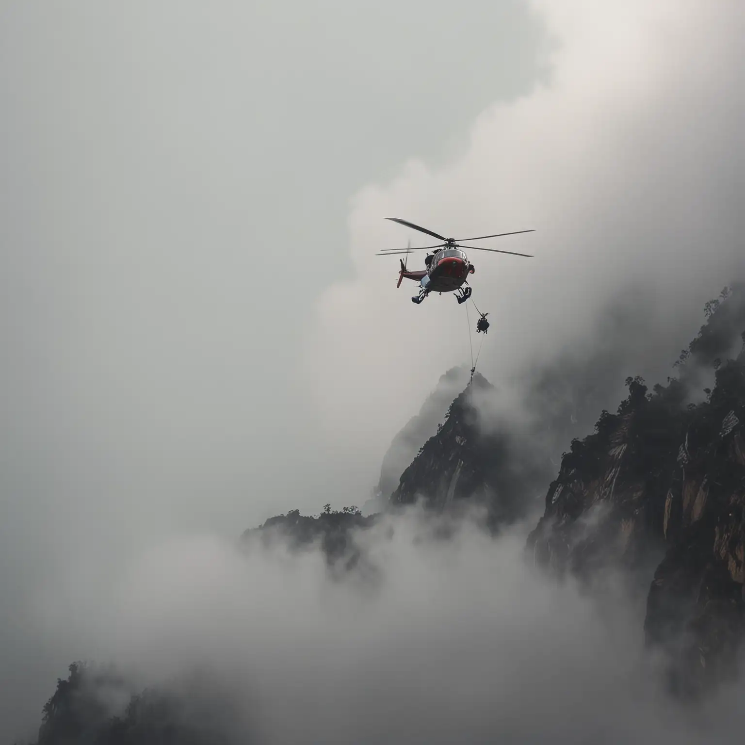 Helicopter Flying Through Fog and Clouds in the Himalayas