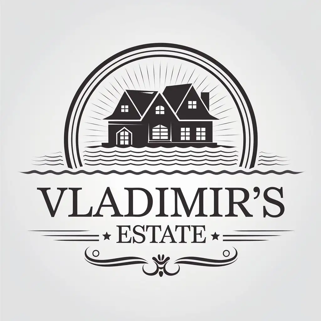 a vector logo design,with the text "Vladimir's estate", main symbol:house on water,Moderate,be used in hotel industry,clear background