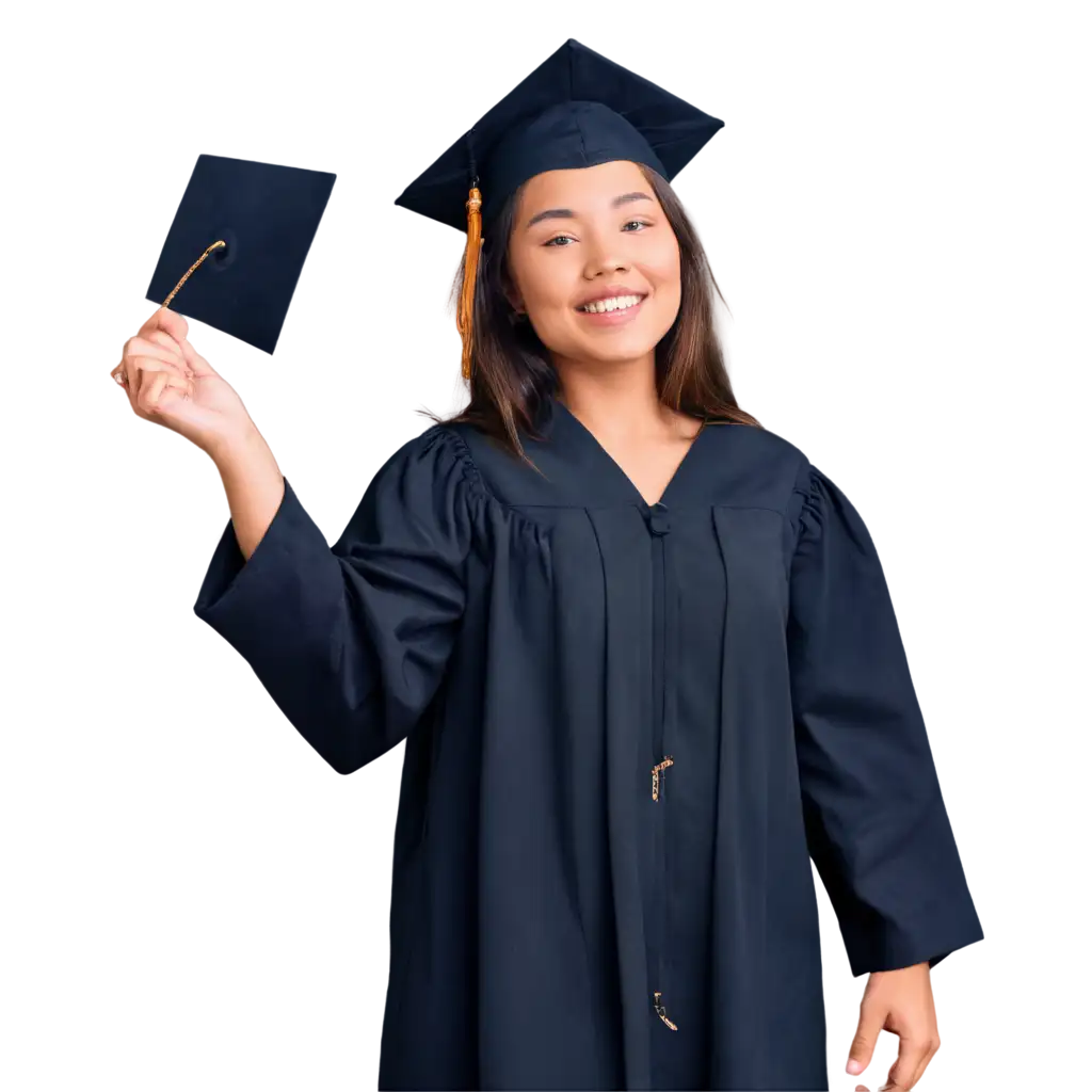 A young woman wearing a black graduation gown and cap (mortarboard) is climbing up stairs with a determined expression. She is captured mid-step as she ascends, looking upward with a slight smile. The background is clean and minimalistic. The image should be in PNG format with a transparent background.