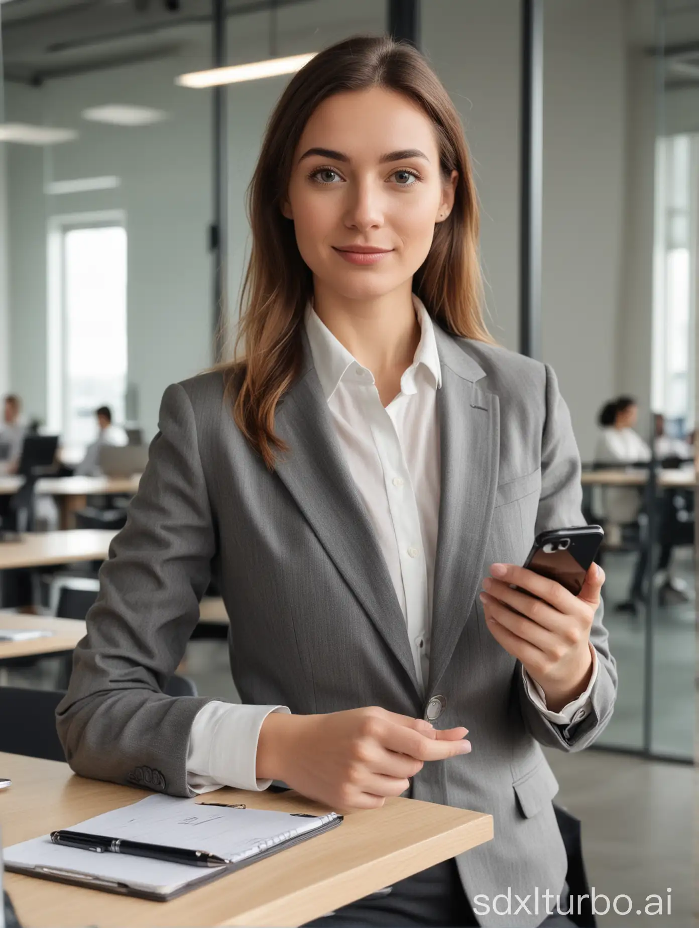 Modern-Business-Woman-with-iPhone-and-Pen-in-Open-Space-Office