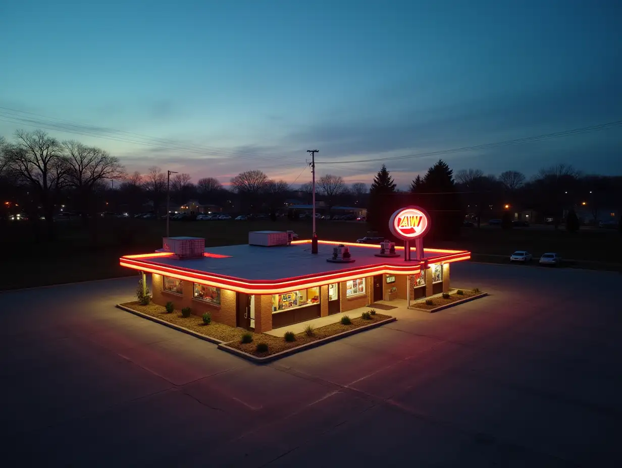 Aerial-View-of-a-1960s-AW-Restaurant-with-Parking-Lot-at-Dusk