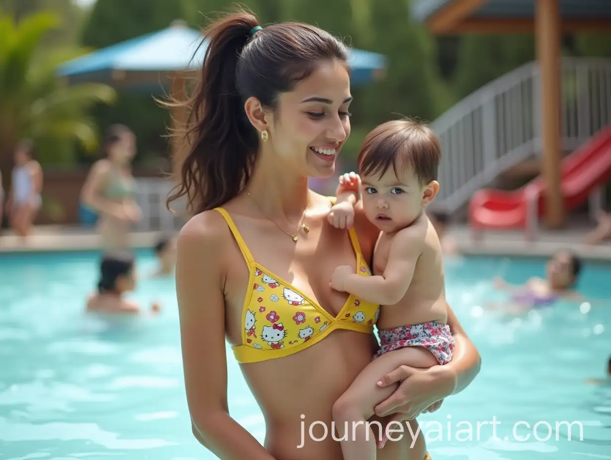 Persian-Woman-and-Baby-Boy-Playing-at-Aquapark-with-Yellow-Floral-Bikini-and-Hello-Kitty-Swim-Shorts