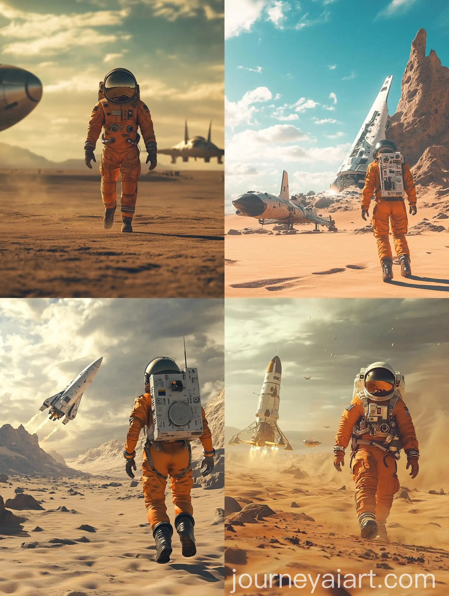 Astronaut-in-Orange-Suit-Walks-Through-Desert-Near-Space-Base