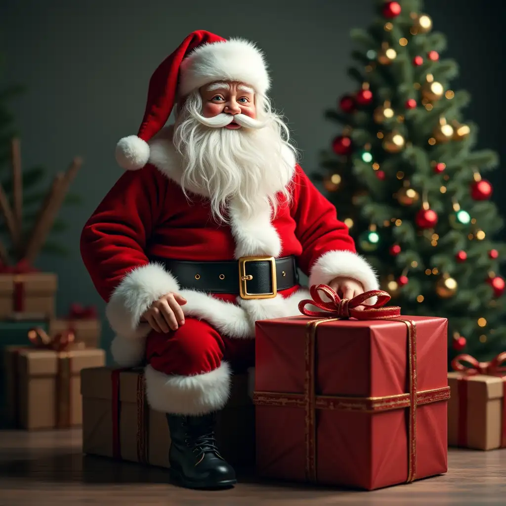 christmas santa is sitting on gift box.ultra realistic image