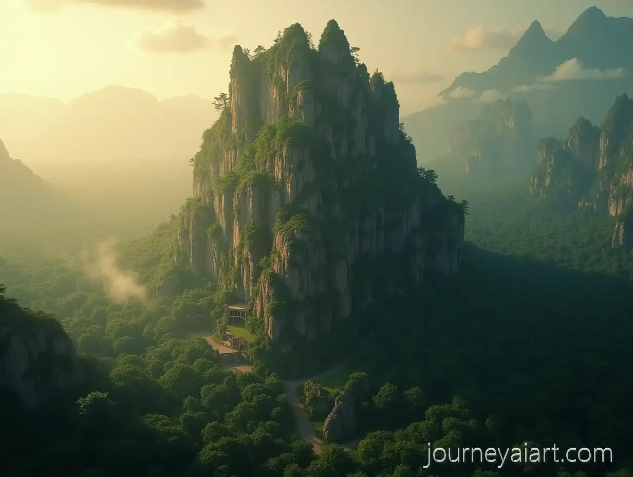 Majestic-Ancient-Rock-Formation-in-Primeval-Jungle-with-Mist-and-Golden-Hour-Lighting