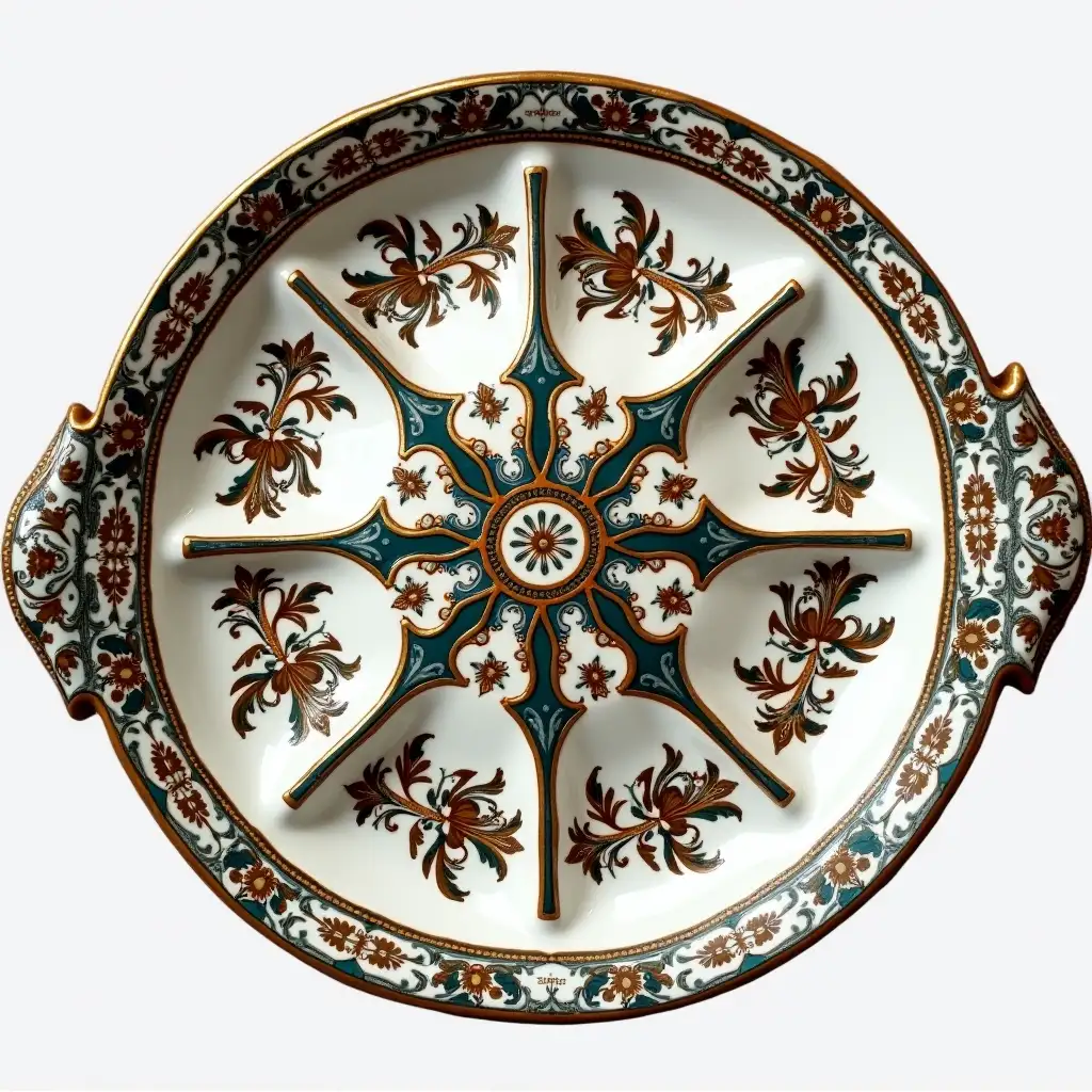 divided ceramic tray plate with embossed beautiful ceramic handle,Underglaze painting on white body, Fine art, Hyper detailed,Antique and old, Qajar art, Iranian Tabriz carpet design