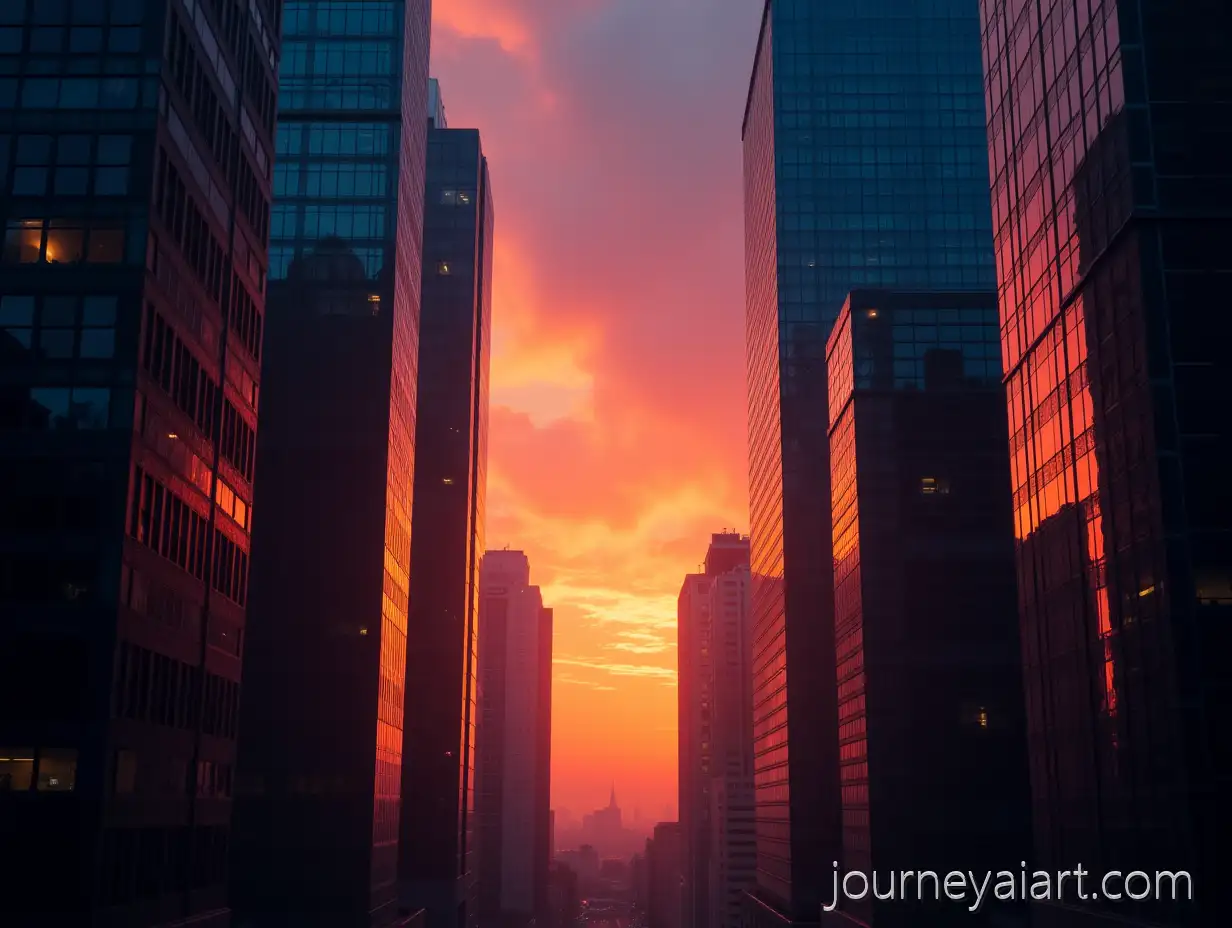 Cinematic-Urban-Sunset-with-Skyscrapers-and-Reflective-Glass-Surfaces
