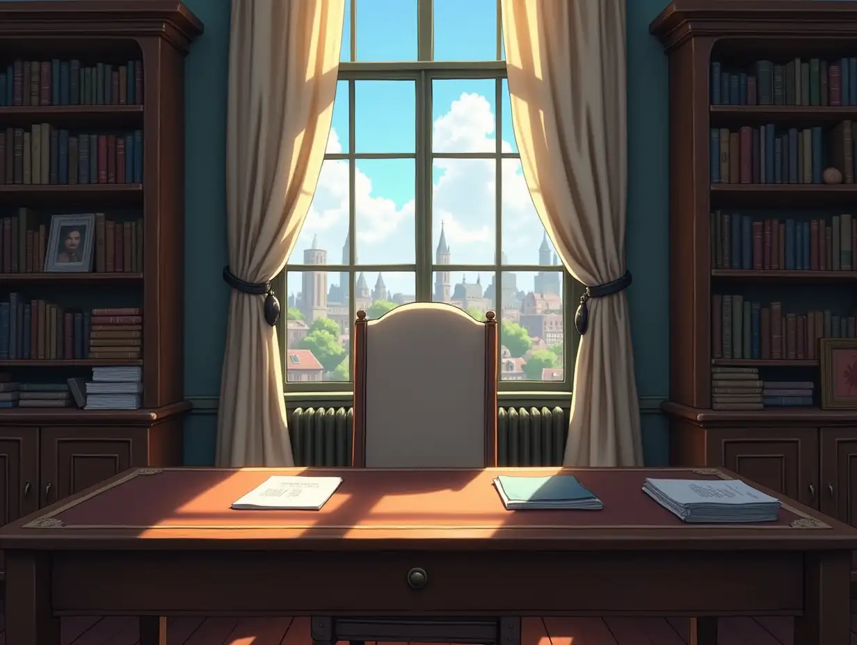 anime style, 2d, 19th century, 19th century London, detective's office, 19th century detective's office, near wooden table, behind the table a chair with white back, chair with white back, in the background a window with a view of the city