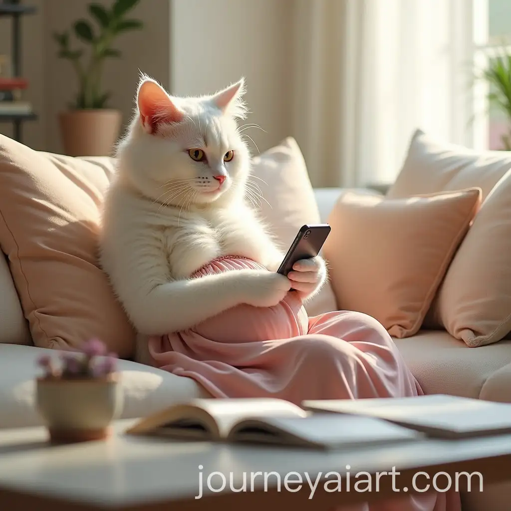 Pregnant-White-Cat-Typing-on-iPhone-in-Cozy-Living-Room