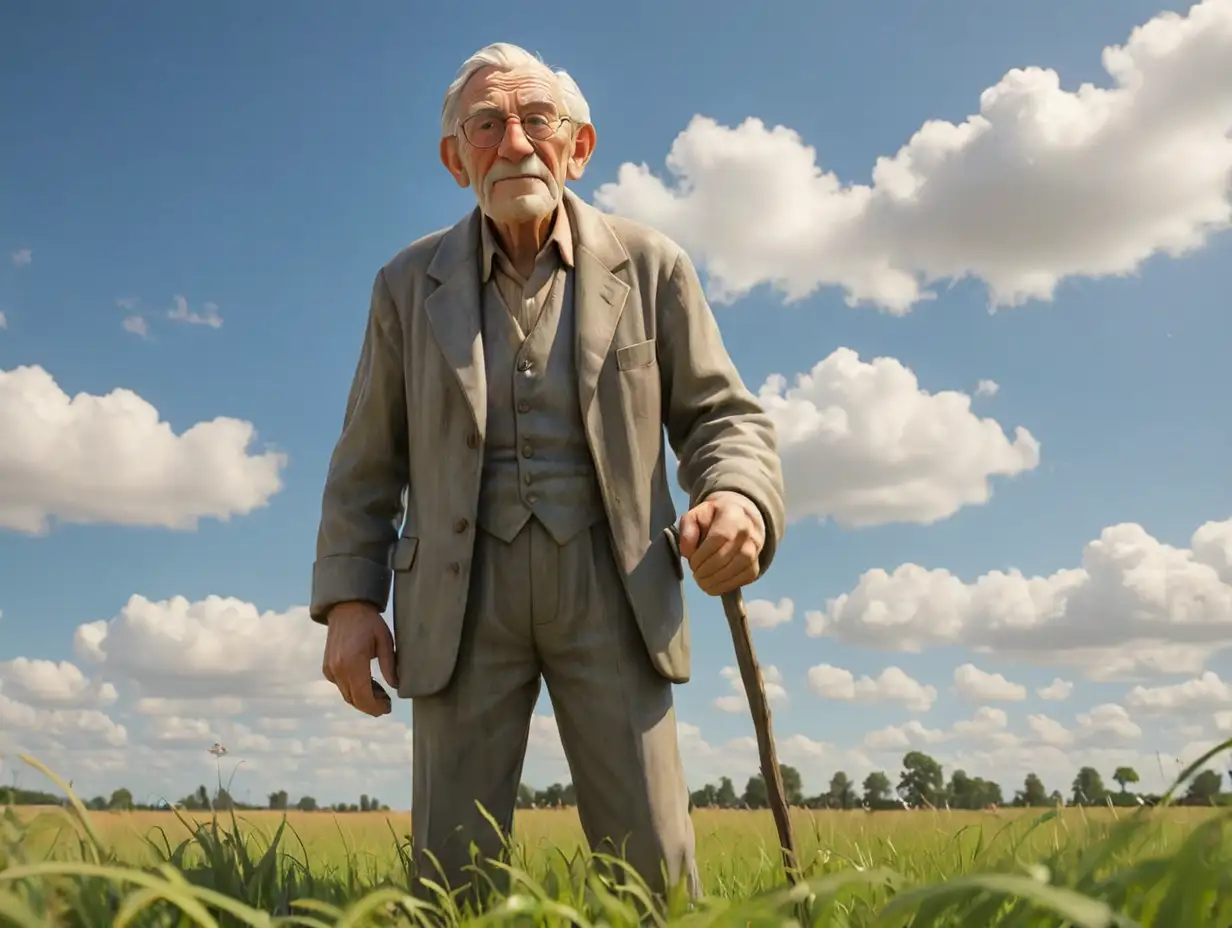 a wide-angle view of a statue of an elderly man prominently standing in the middle of a grassy field, 3d disney inspire