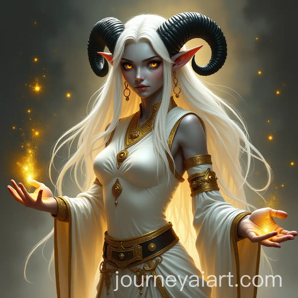 Celestial-Warlock-Tiefling-Healer-with-Gray-Skin-and-Gold-Eyes-in-White-and-Gold-Robes