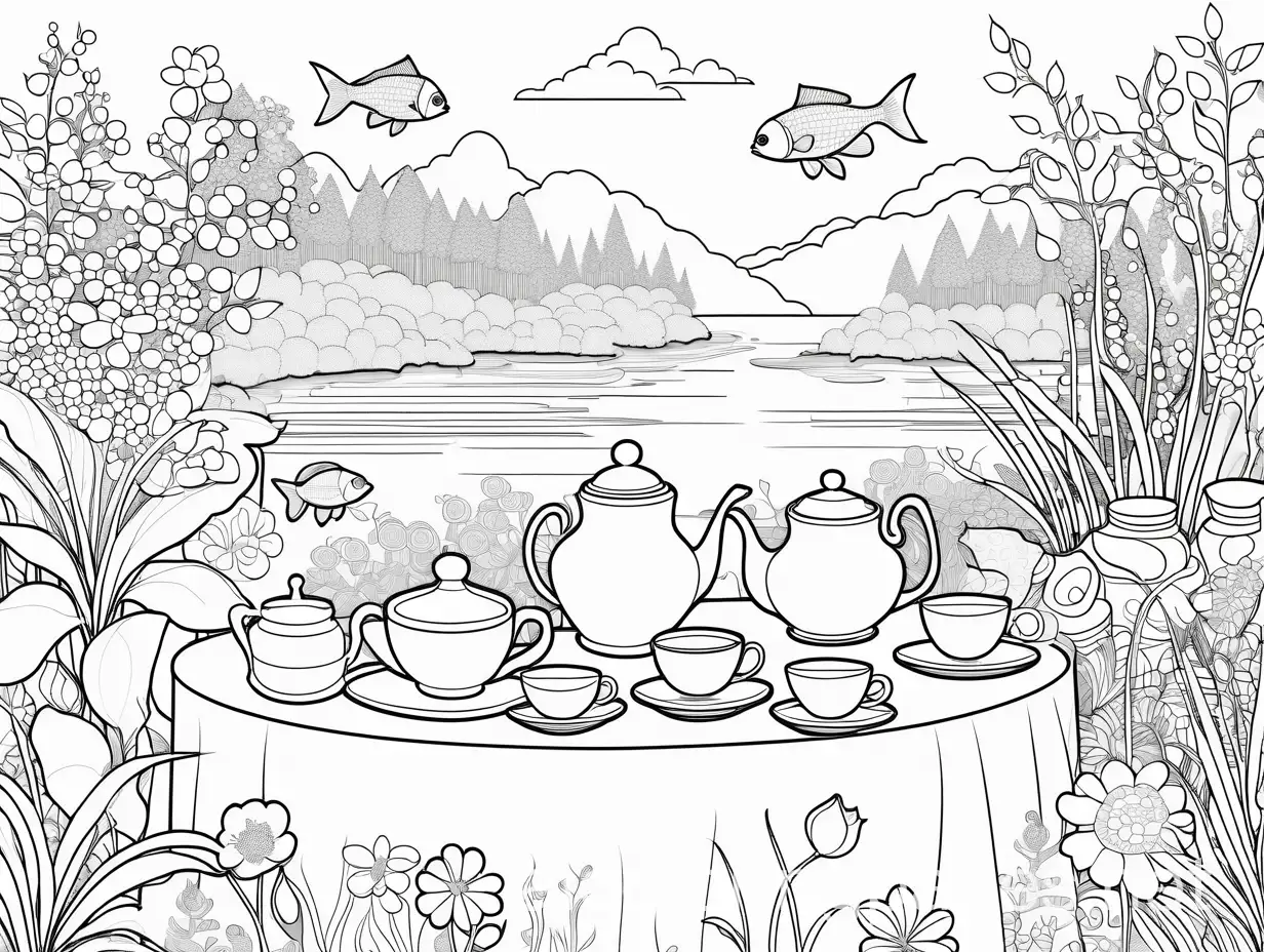 Fish-Tea-Party-Coloring-Page-in-Flower-Garden