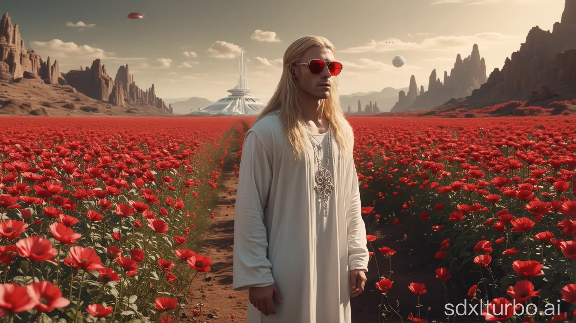 Alien-Male-with-Blond-Hair-in-Magical-Tunic-Standing-in-Red-Flower-Field-with-UFOs-and-Cityscape