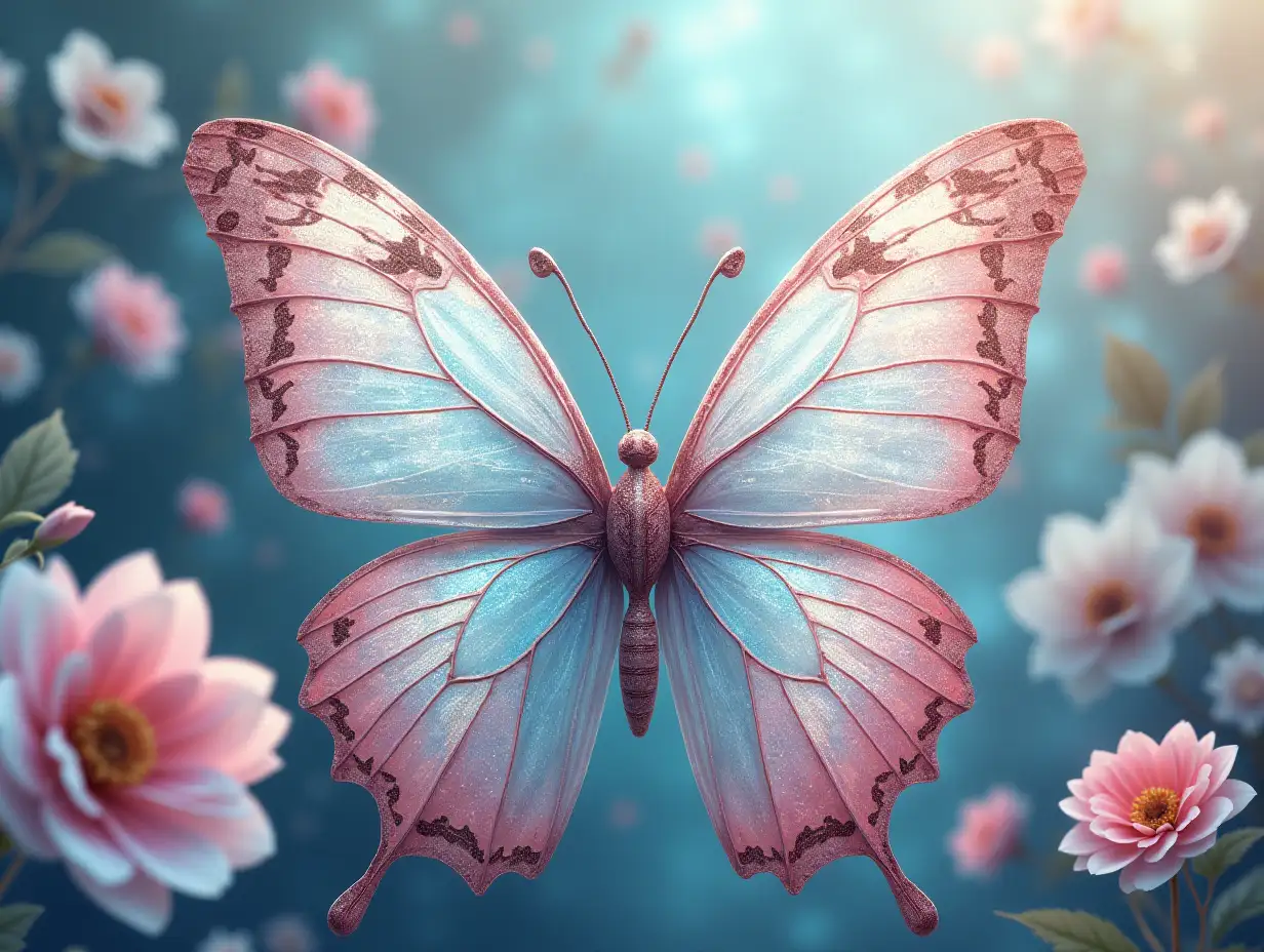 Create an image of a large, intricately detailed butterfly with shimmering, pastel-colored wings. The butterfly should be surrounded by a variety of delicate flowers in soft hues of pink, white, and blue. The wings of the butterfly should have ornate patterns and textures, giving a sense of elegance and beauty. The background should be filled with lush foliage and smaller butterflies, adding depth and richness to the scene. The overall style should be ethereal and enchanting, with a focus on fine details and a dreamy atmosphere.