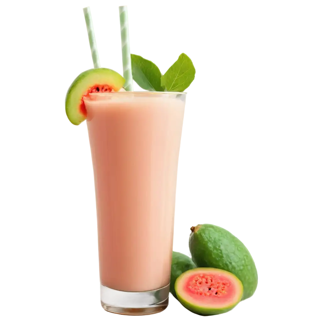 Guava-Milk-Smoothie-PNG-Image-with-Fresh-Guava-and-Guava-Leaves-Perfect-for-Visual-Projects