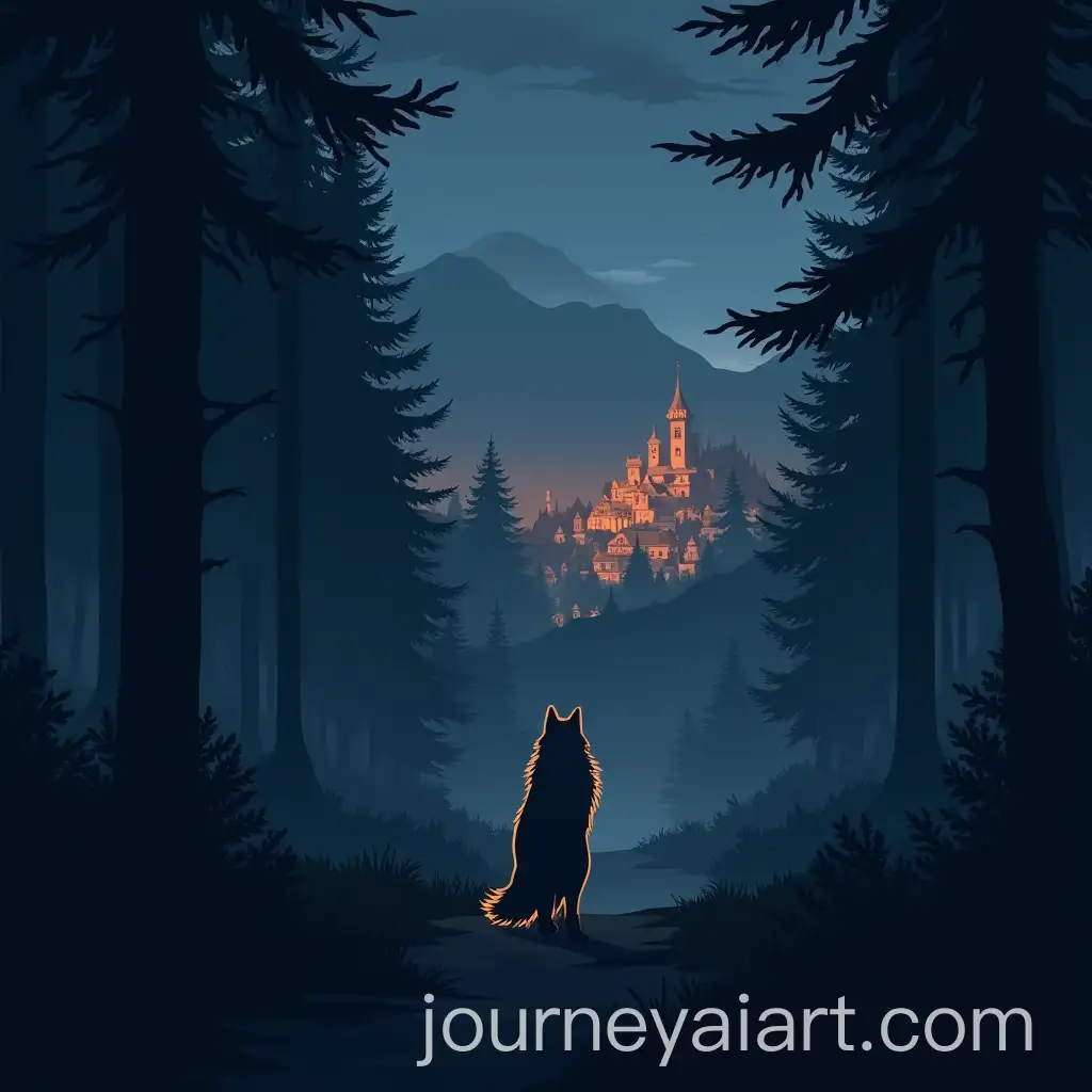 Animestyle-Lone-Wolf-Fading-into-a-Dark-Forest-with-Glowing-Village-in-the-Background