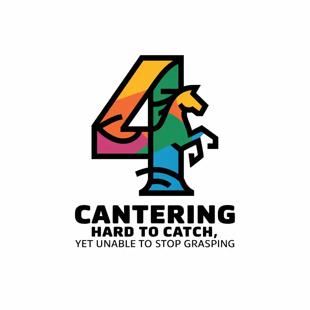 a vector logo design,with the text "cantering hard to catch, yet unable to stop grasping", main symbol:The number 4 and a horse combining to create a vibrant and colorful logo,Moderate,be used in Education industry,clear background