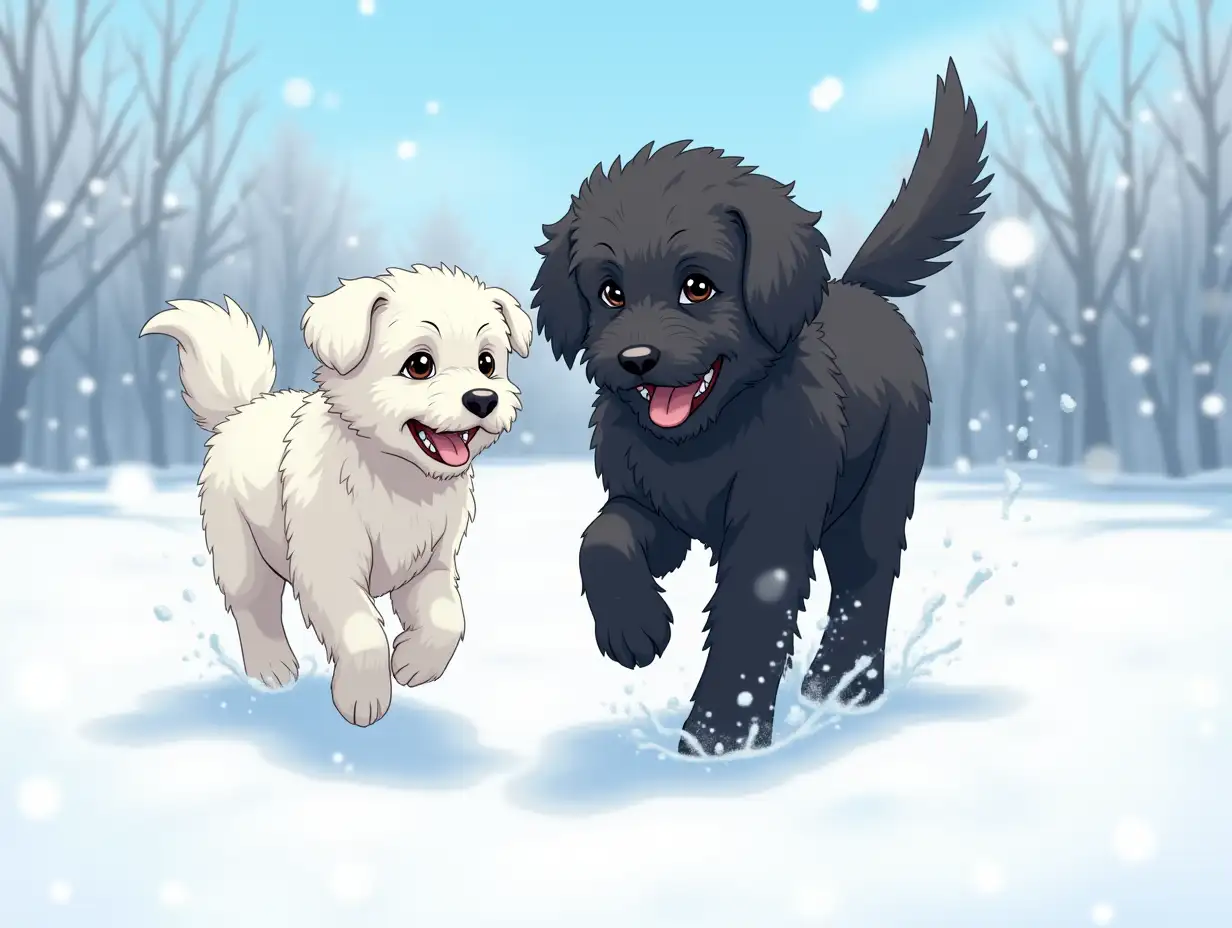 An anime style image of two dogs playing in the snow, one a Maltese terrier the other a bigger black, straight haired labradoodle