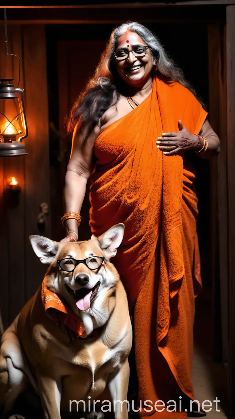 Spiritual Satsang with Indian Hindu Sage Woman and Dog in Dark Cottage