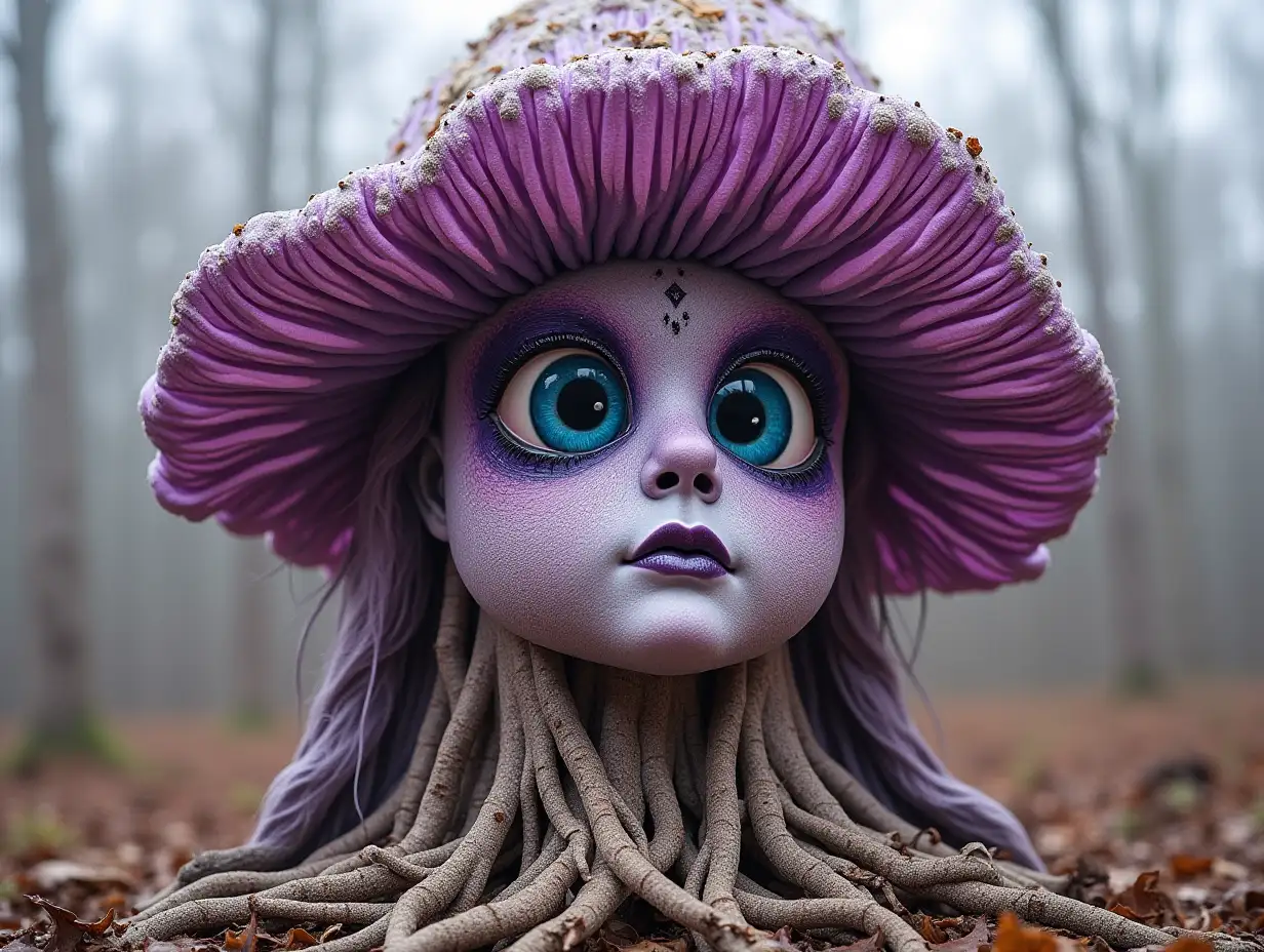 Face transformed into building with purple and white Fly Agaric roots