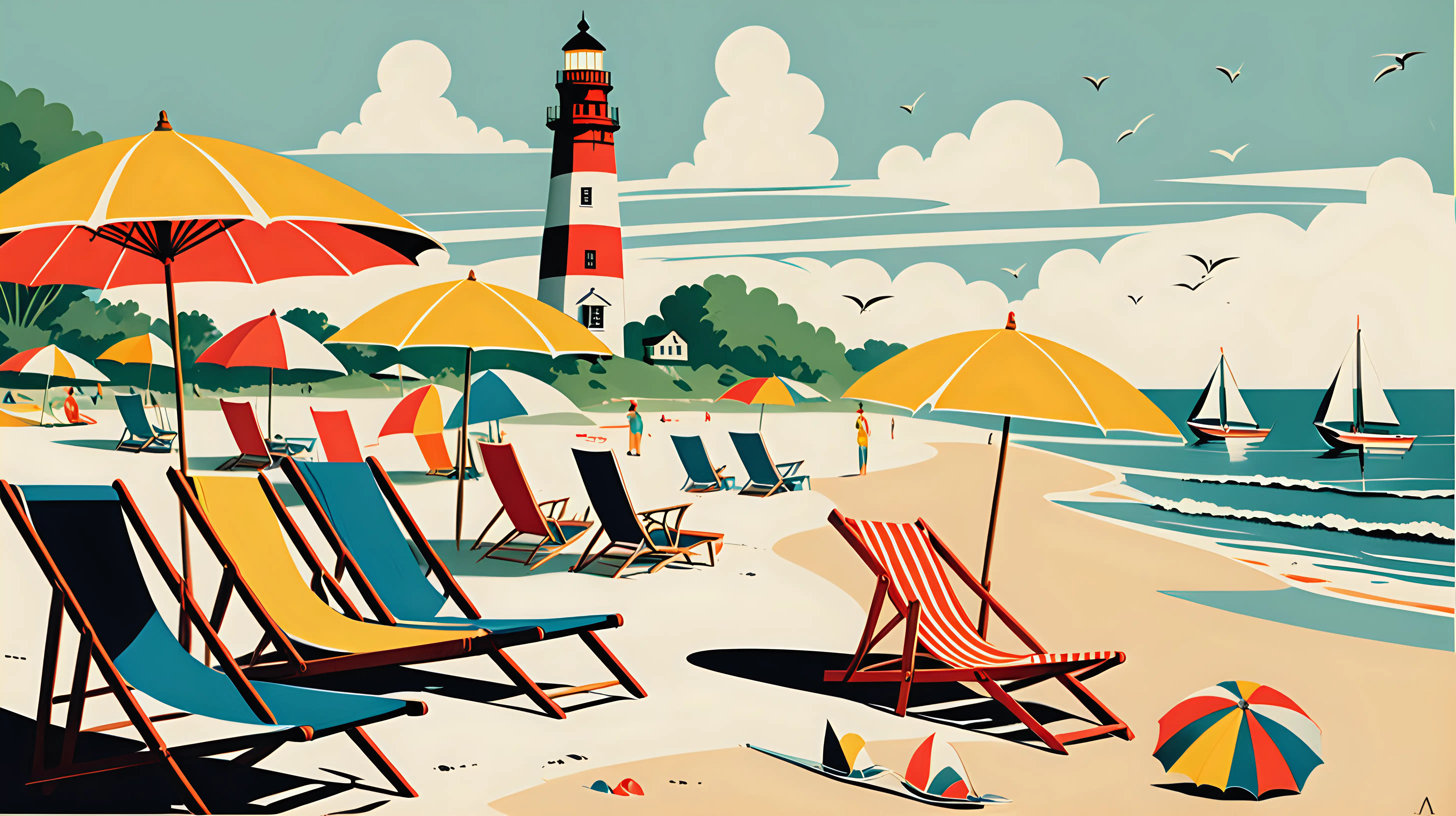 Vintage Beach Scene with Lighthouse Sailboat and Beach Chairs