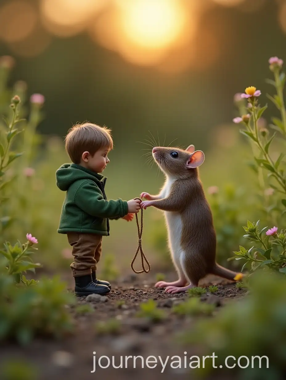 Miniature-Man-Interacting-with-Large-Rat-in-a-Flower-Field-at-Sunset