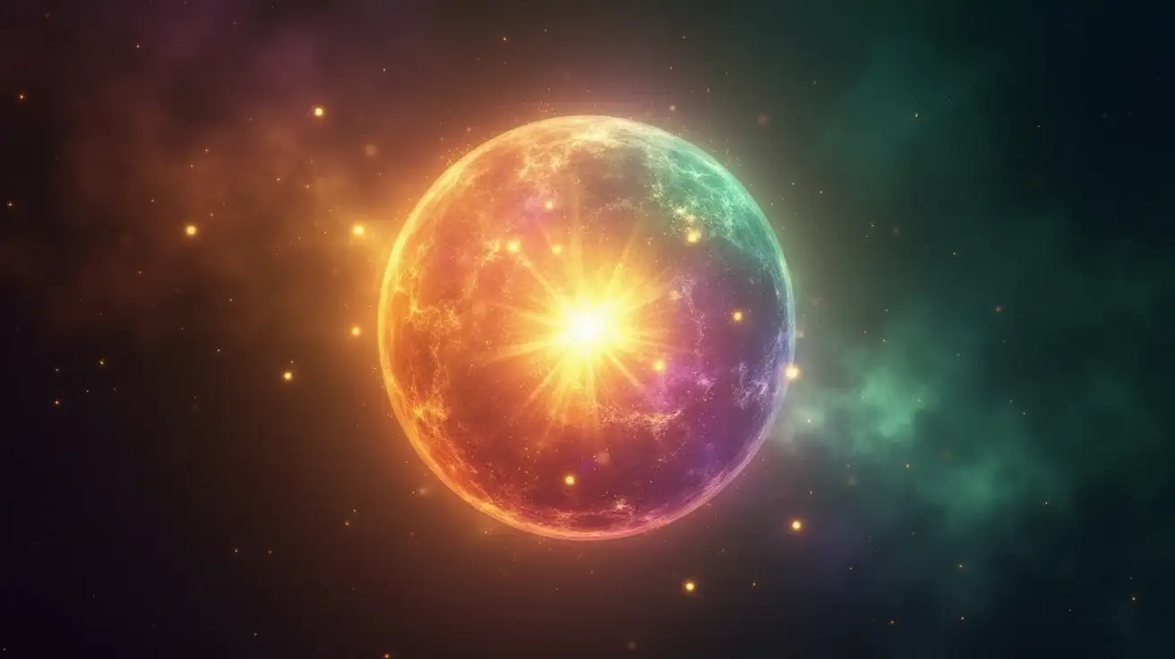 Create an image of a glowing ball of energy made up of the colours gold, violet and green.