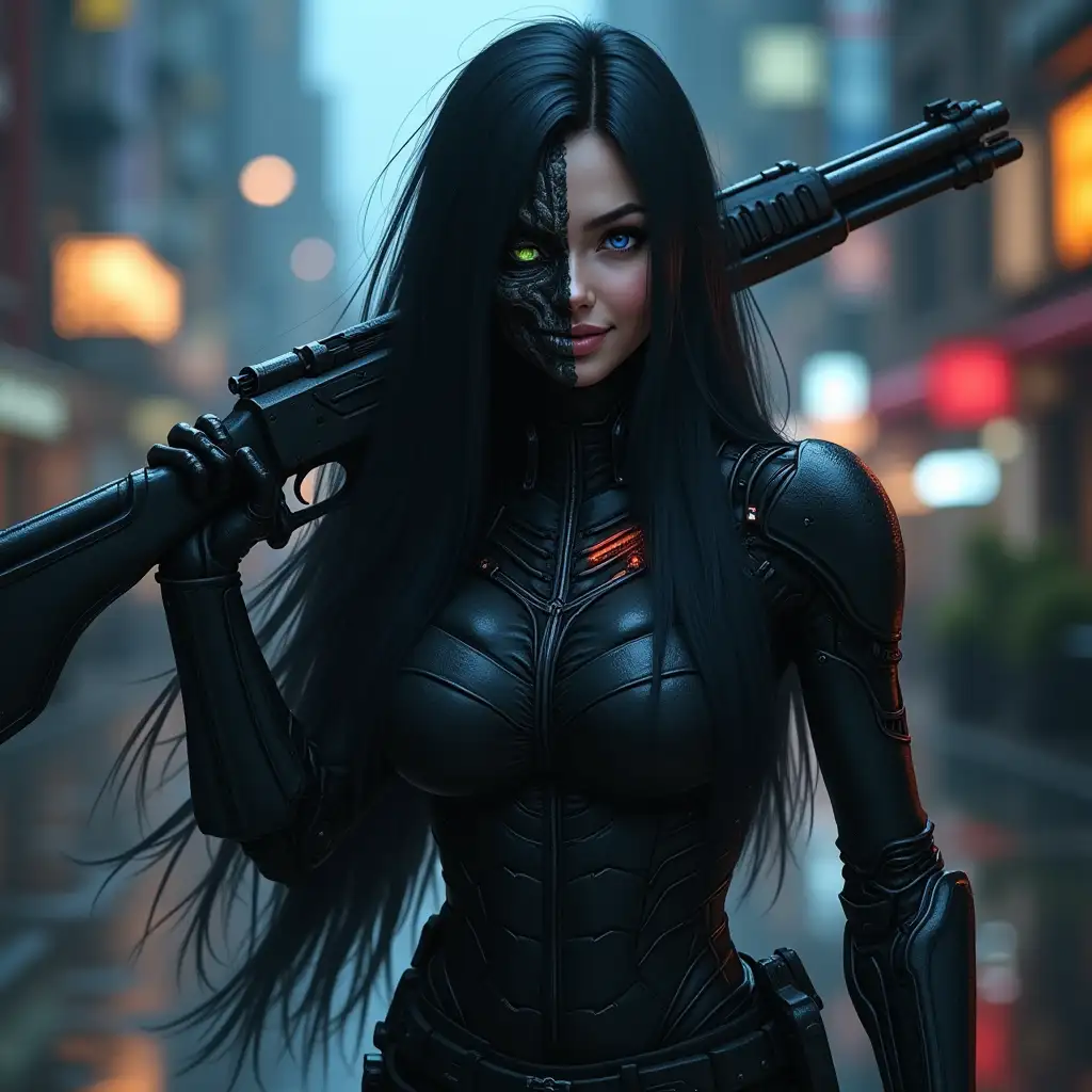 A woman with long, flowing black hair stands confidently. Half of her face is normal, with a striking cyan eye and a warm smile. The other half reveals a sinister black metal endoskeleton with an evil grin and a glowing red eye. She is carrying a sleek, futuristic battle rifle over her shoulder. The background is a dystopian cityscape with dark, stormy skies and neon lights reflecting off the wet streets.