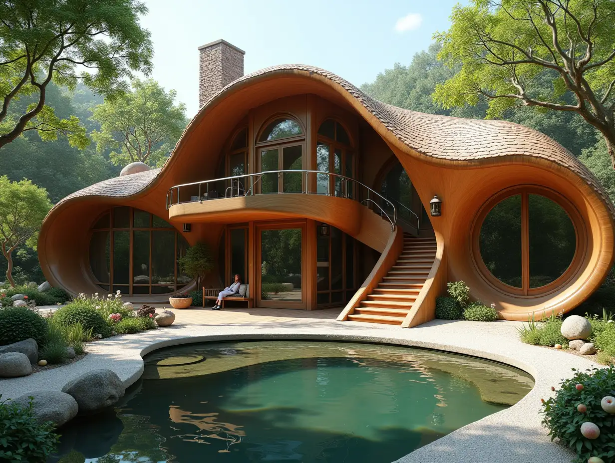 crooked house with people,pond in the garden  planting,modern wood carving in the form of,large windows with glass to,round smooth window shapes, winding double entrance staircase made of ceramics complex curved roof with pond ,Lanterns,bench apple tree 4K resolution Colorful superWide-angle shots