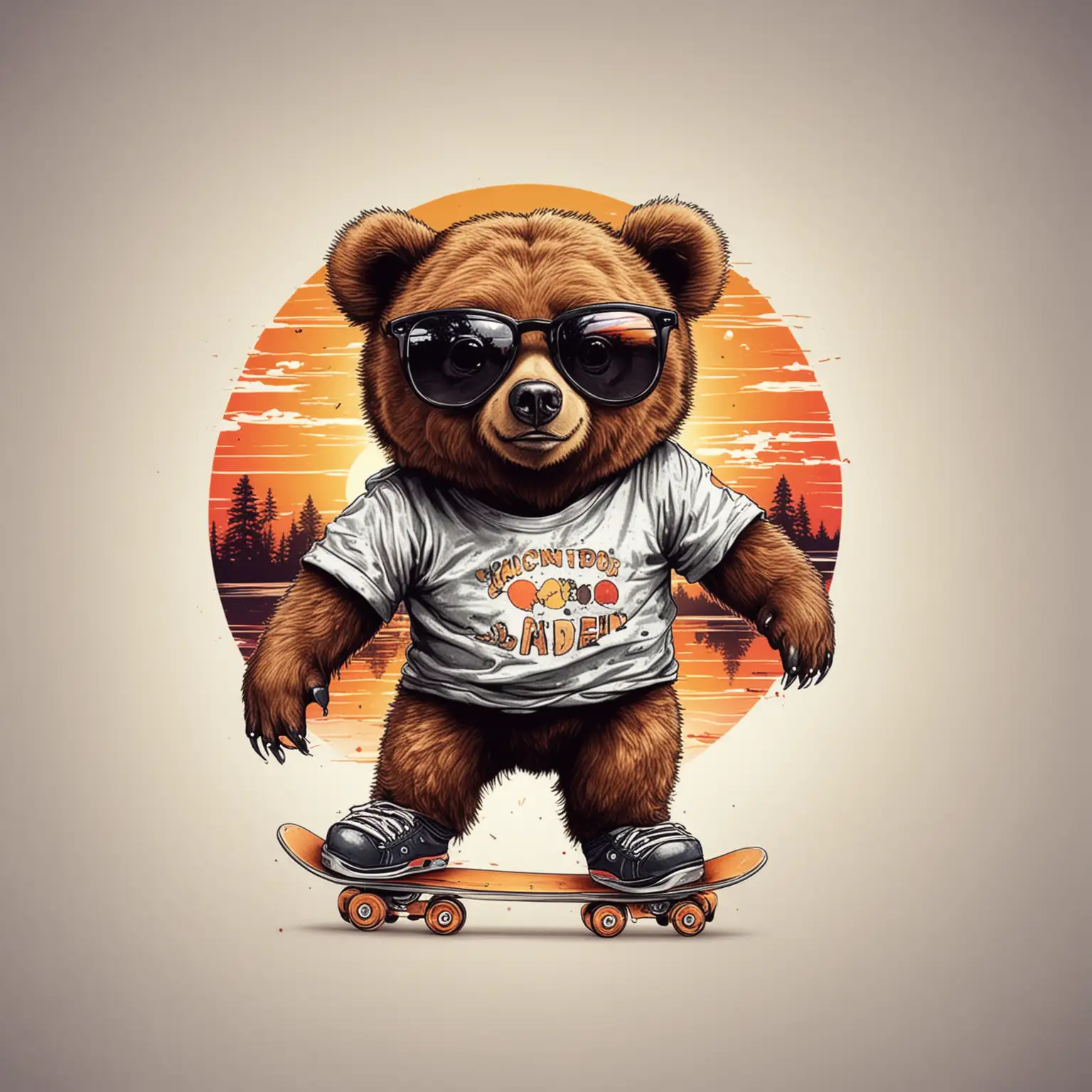 Vintage-Pop-Art-Bear-Skating-with-Black-Glasses-at-Sunset-for-TShirt-Print