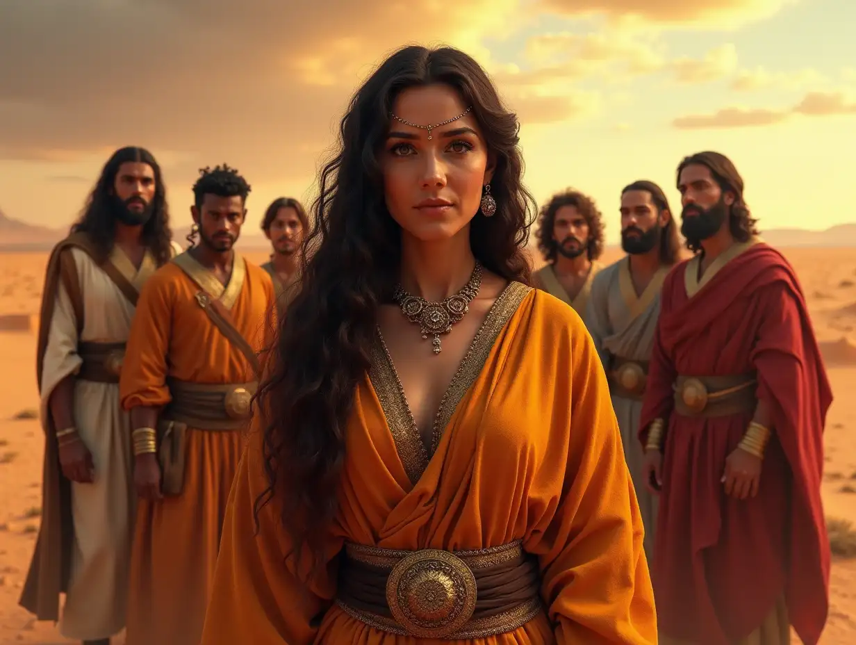 A powerful and emotionally expressive biblical scene featuring Keturah standing in the foreground, her expression calm yet proud, symbolizing strength and maternal pride. Behind her stand her six sons—Zimran, Jokshan, Medan, Midian, Ishbak, and Shuah—each displaying unique expressions of pride, respect, and unity, with strong, resolute stances. The desert landscape is vivid and warm, rich with earthy tones under a dramatic sky. Keturah and her sons wear detailed, authentic ancient attire, capturing a historical feel. The image is in a 16:9 format, with vivid colors, dynamic expressions, and intricate details that emphasize the power, unity, and heritage of the family.