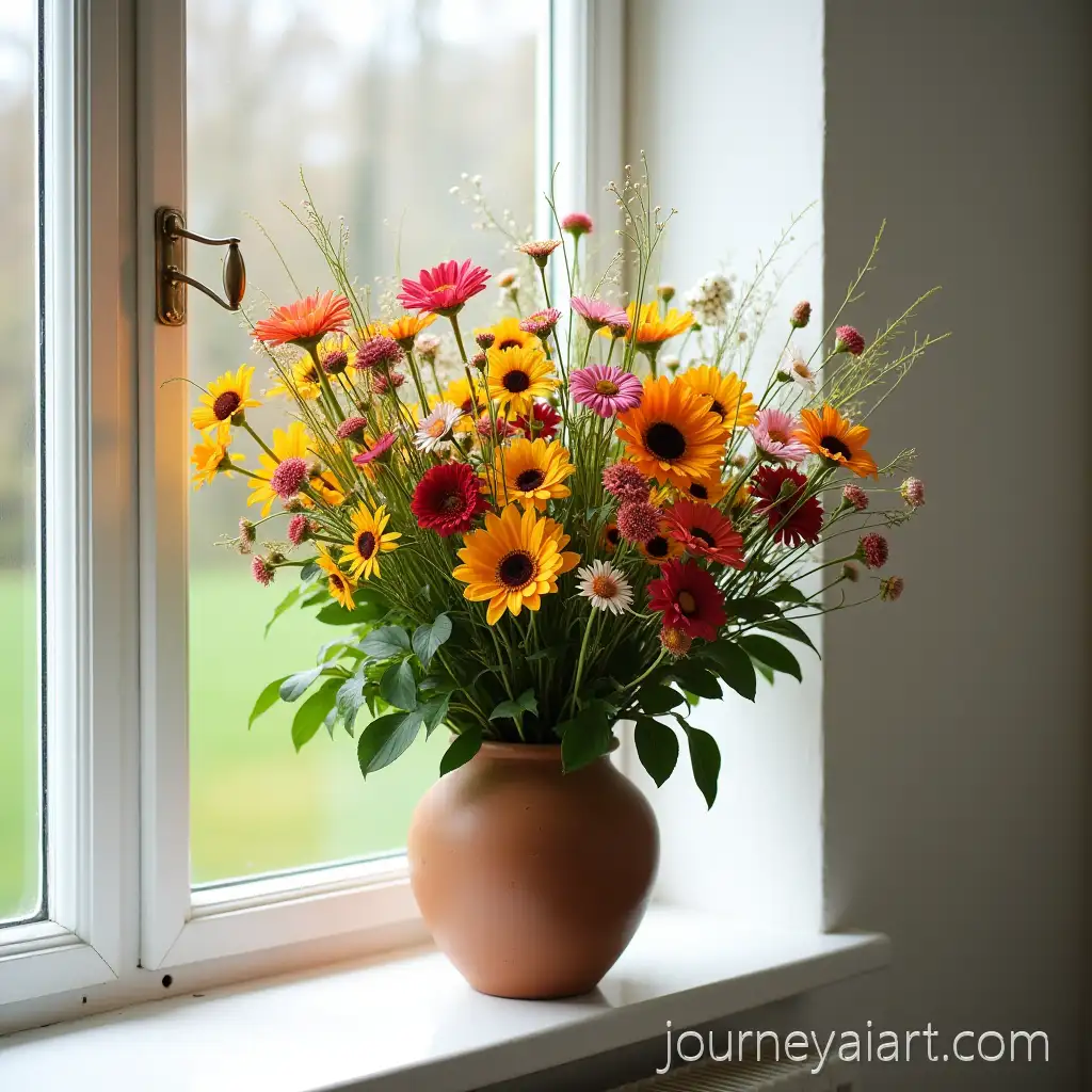 Large-Colorful-Field-Flower-Bouquet-in-Clay-Vase-on-Windowsill