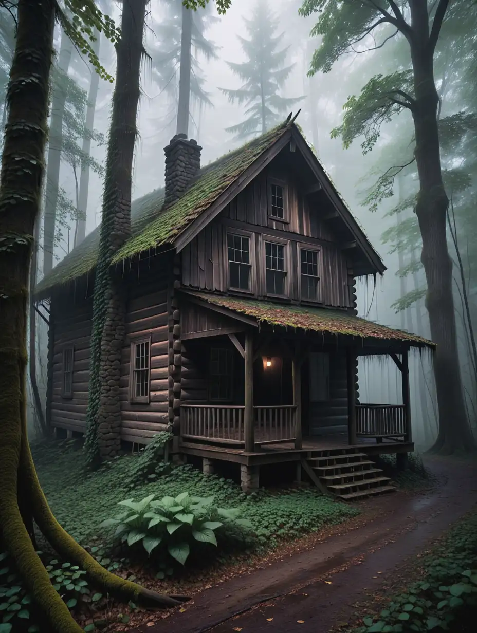 A weathered and decrepit cabin stands isolated in a dense, misty forest. The windows are dark, and the wooden walls are cracked, with vines creeping up the sides. The scene is eerie and foreboding, with an unsettling silence in the air.