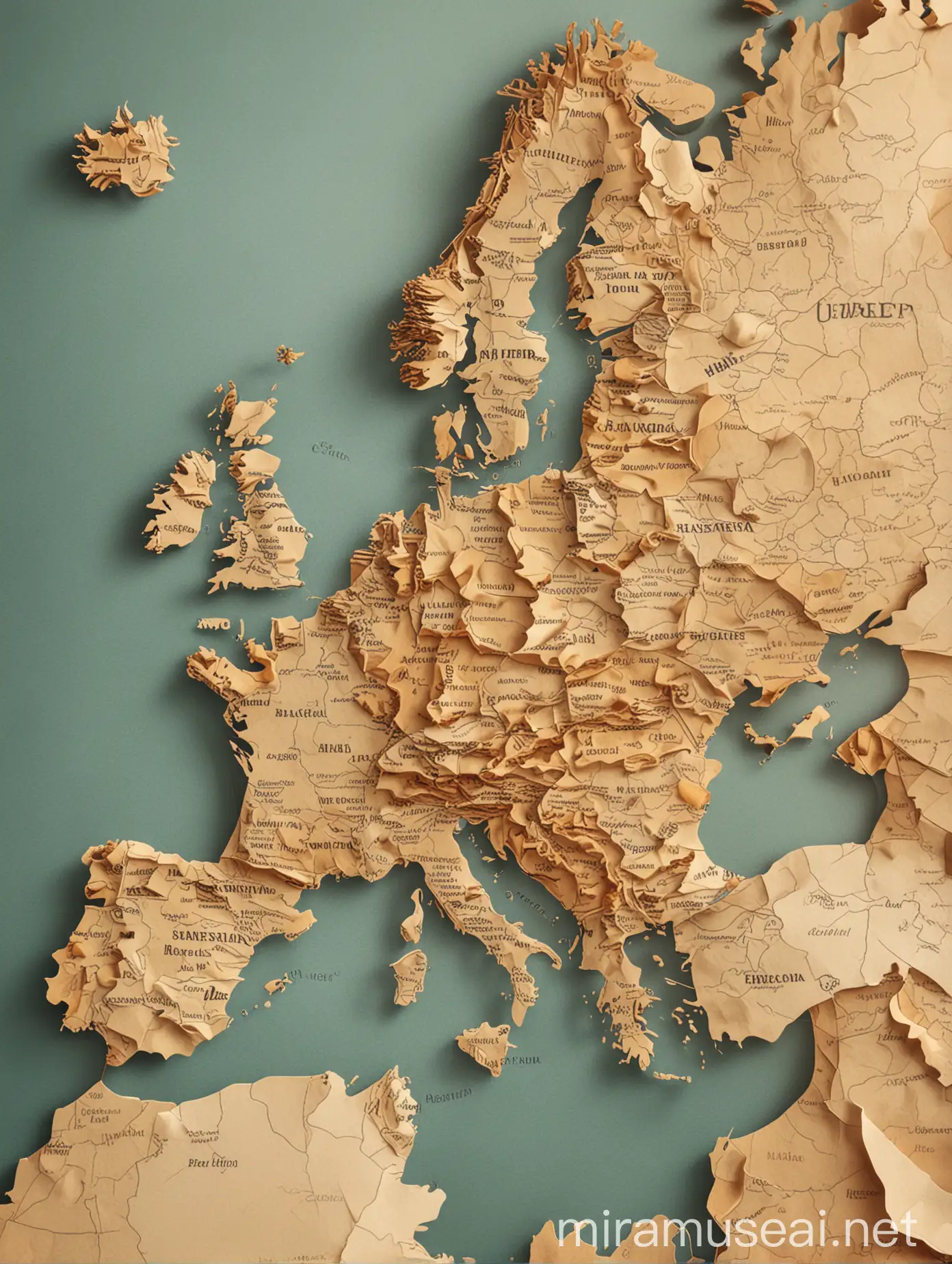 Aerial View Map of Western Europe in Paper Style