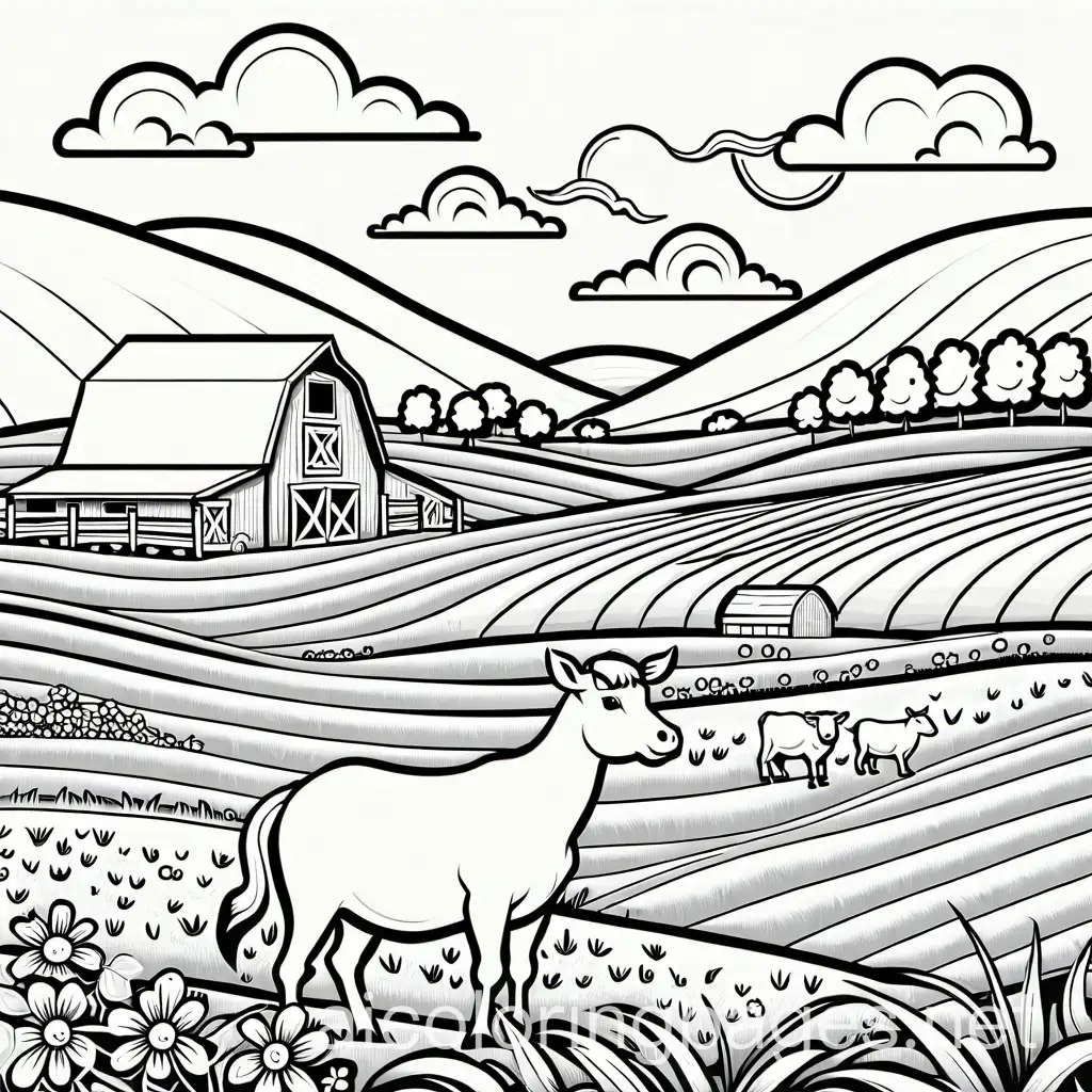 farm in field with animals , Coloring Page, black and white, line art, white background, Simplicity, Ample White Space. The background of the coloring page is plain white to make it easy for young children to color within the lines. The outlines of all the subjects are easy to distinguish, making it simple for kids to color without too much difficulty