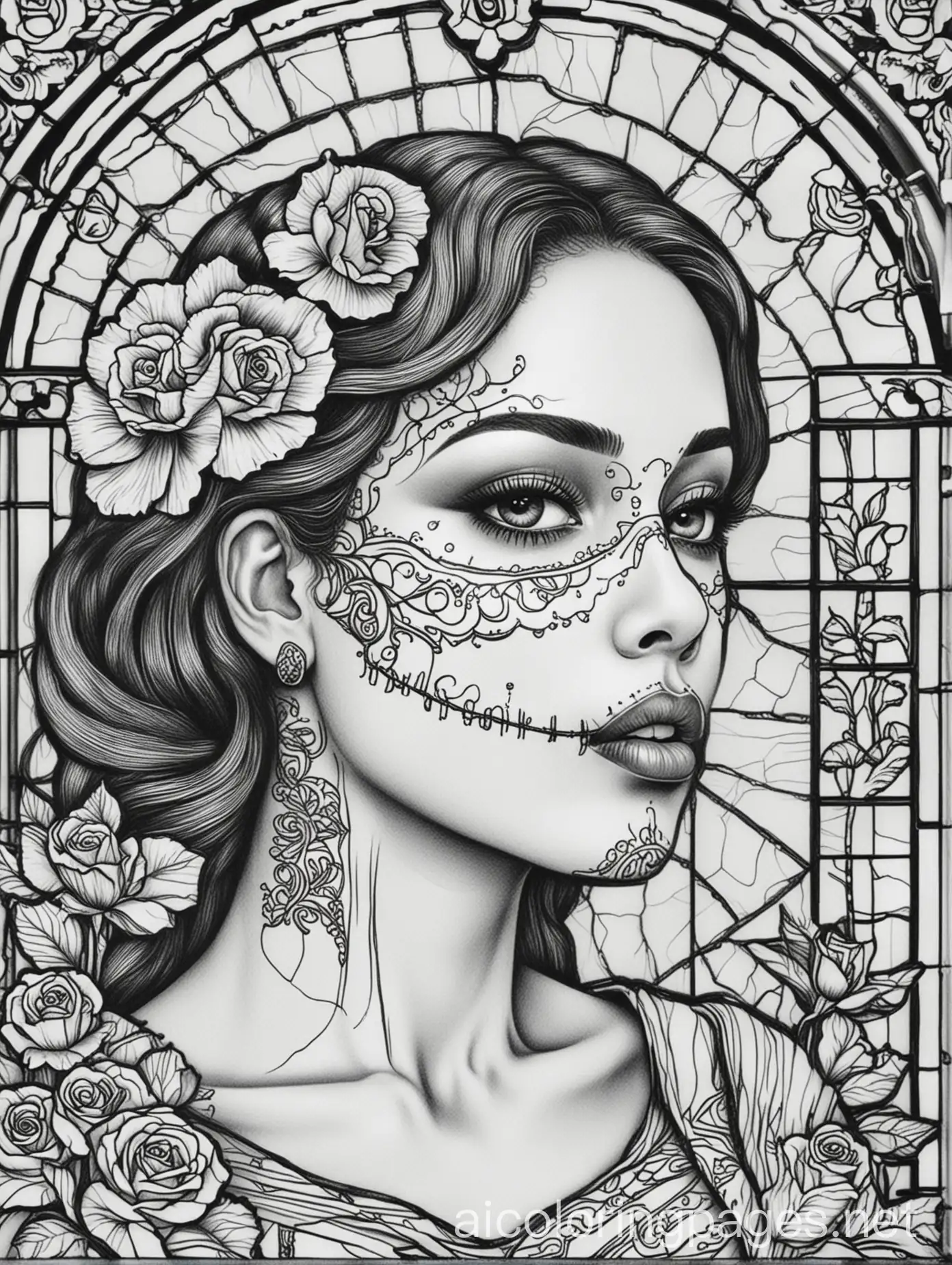 Jamaican-Woman-in-Day-of-the-Dead-Skeleton-Makeup-Coloring-Page